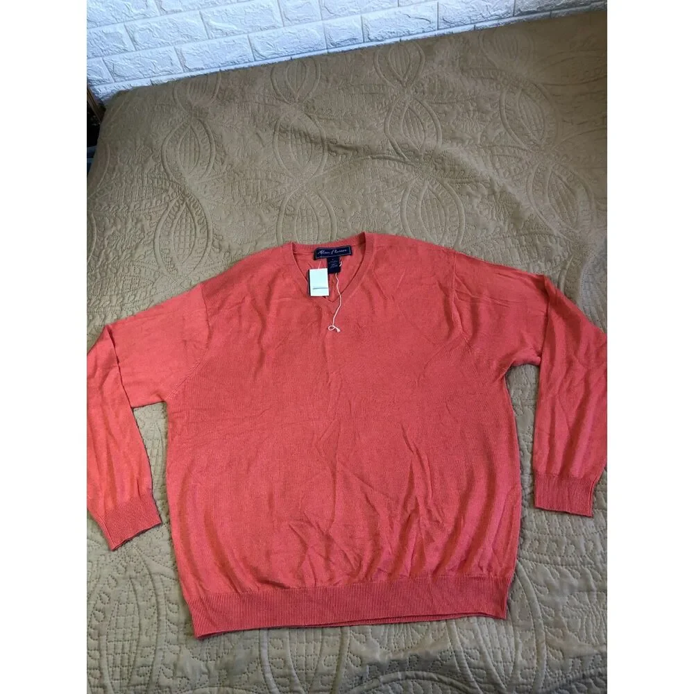 Vtg Y2K NWT Alan Flusser Golf Silk Cashmere V-Neck Pullover Sweater Orange Men L